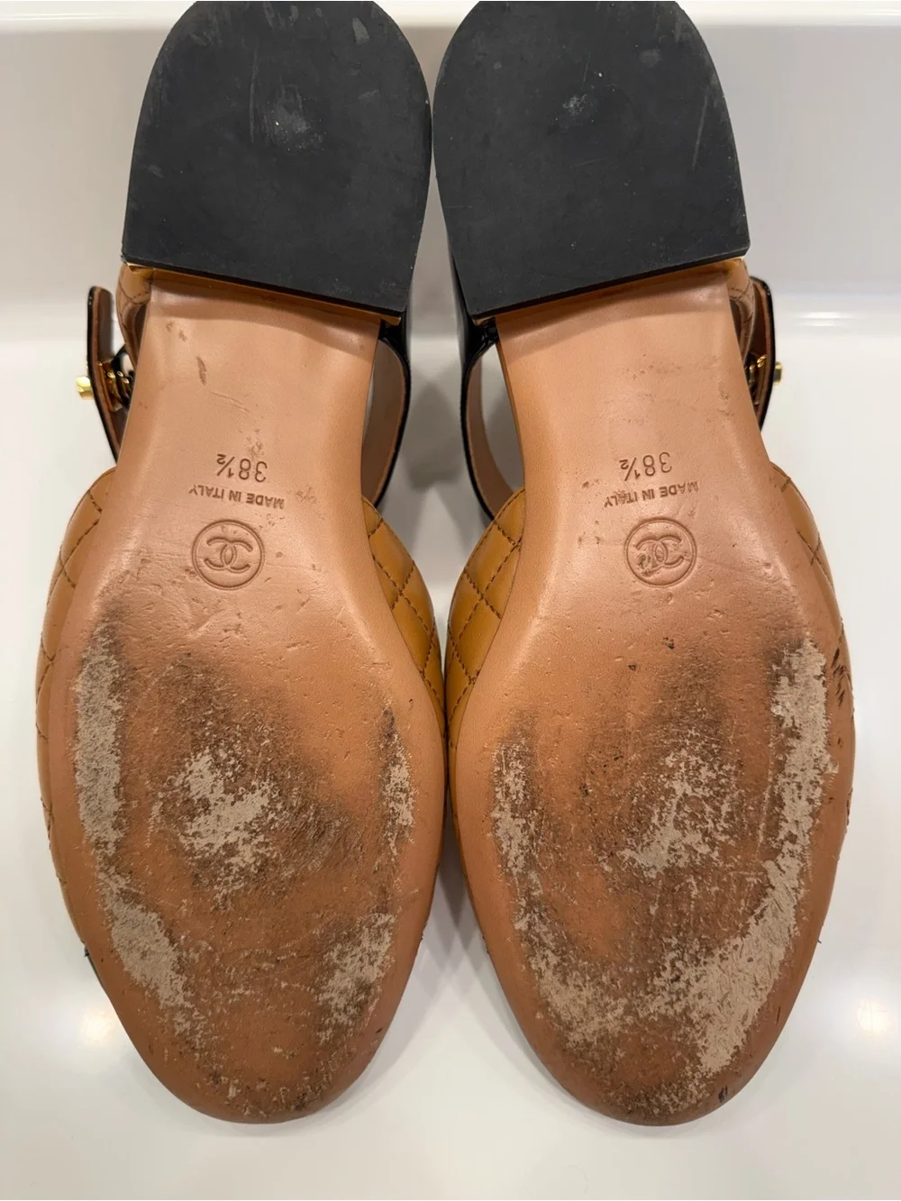 CHANEL Two-Tone Quilted Mary Jane Flats in Tan and Black IT38.5